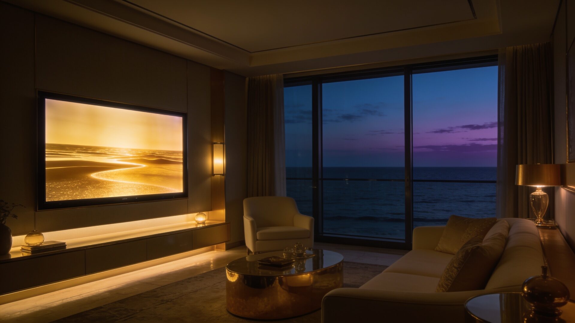 Hotel suite at dusk with a glowing television